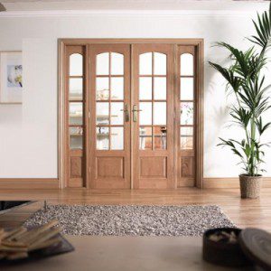 Hardwood interior French door system double door.