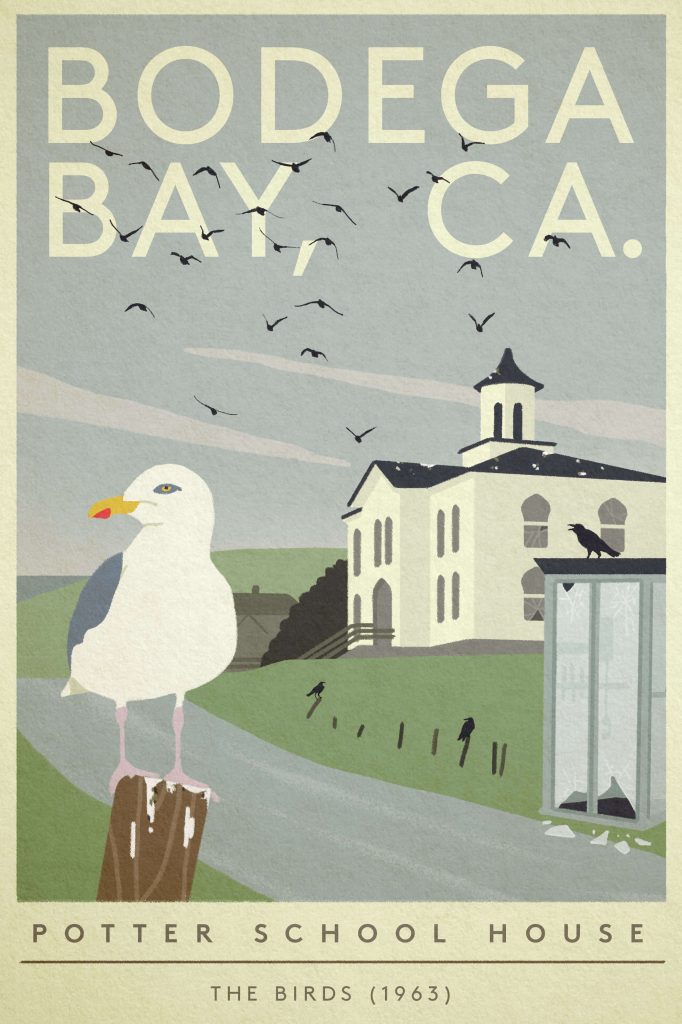 Poster of Bodega Bay destroyed by birds from "The Birds"