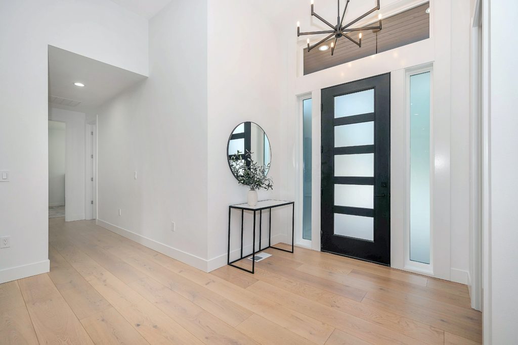 Photograph of a modern hallway with a black front door