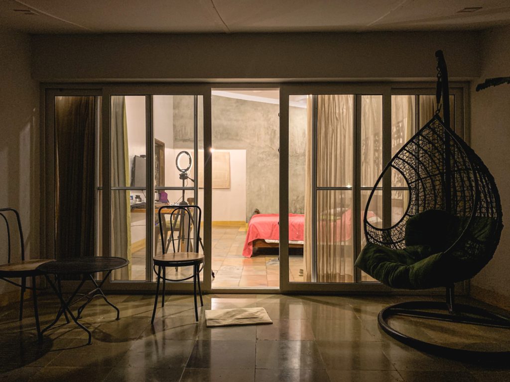 Photograph of sliding glass doors between balcony and bedroom