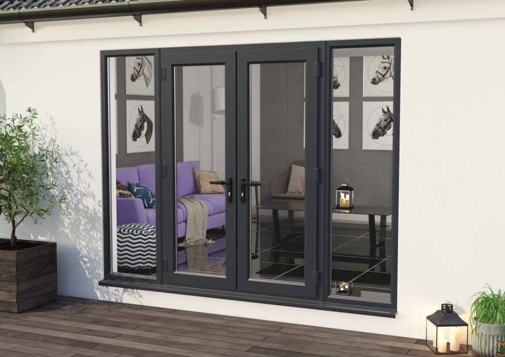 Photograph of uPVD French patio doors in anthracite grey.