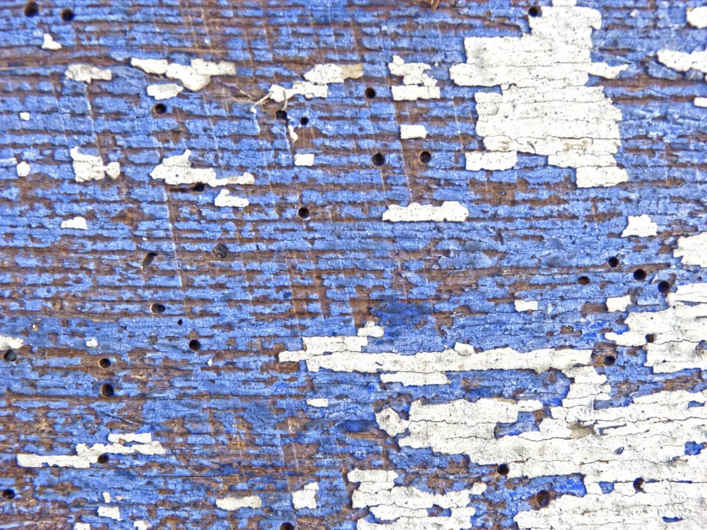 Close up photo of blue painted wood with woodworm holes