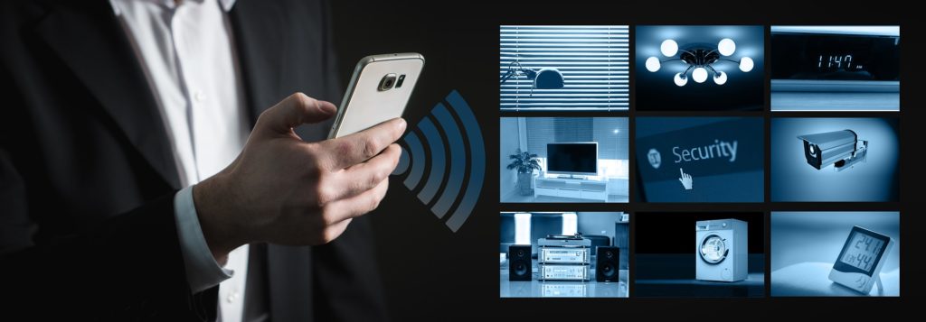 Image of a user operating a smart home system from a smartphone. Smaller images to the right show aspects of a smart home, such as cameras and lighting.