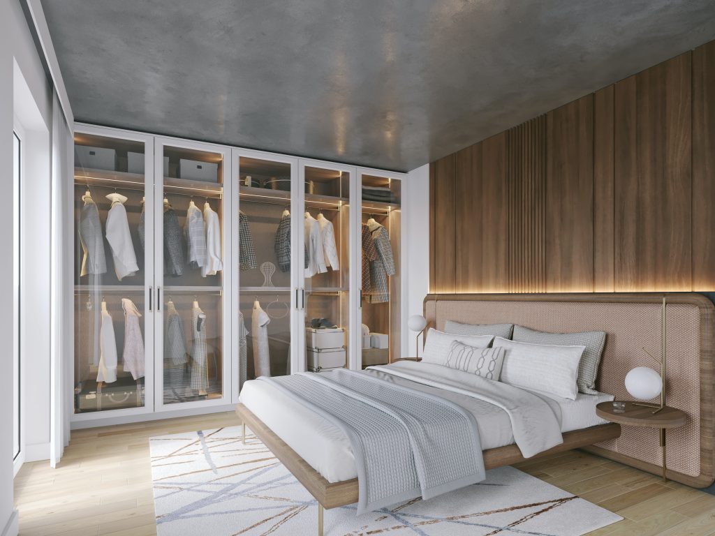 quiet luxury bedroom with walk in wardrobe