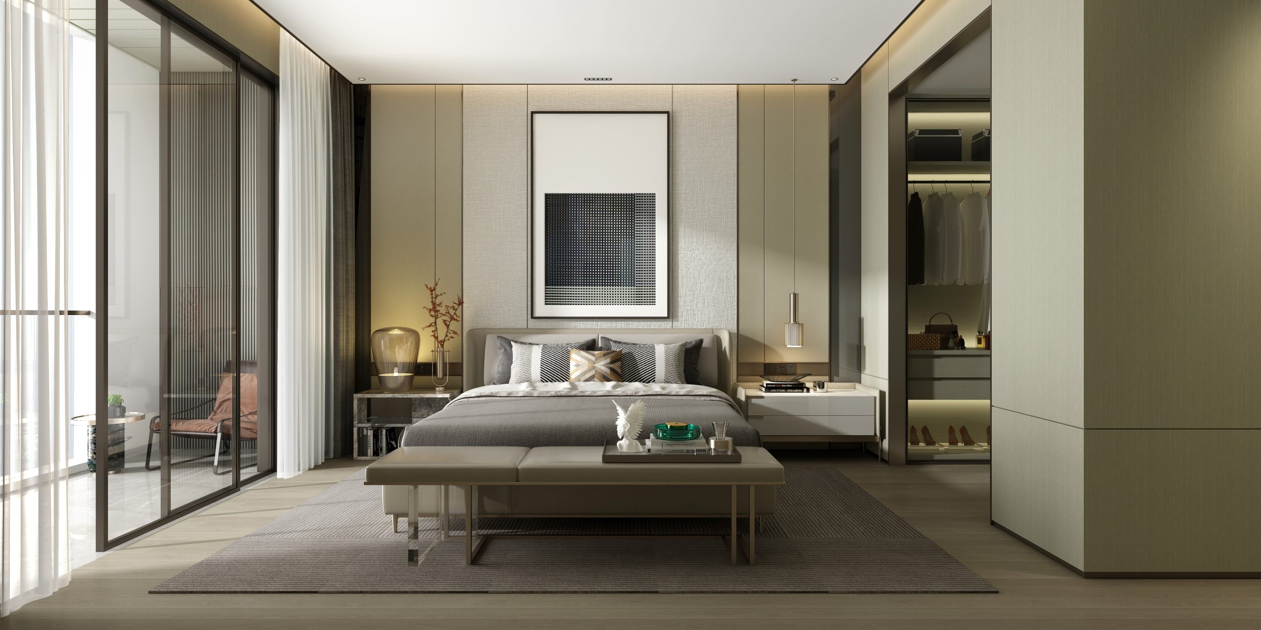 Neutral quiet luxury home with sliding doors