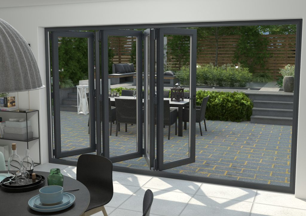 Grey bifold doors leading to a paved patio area