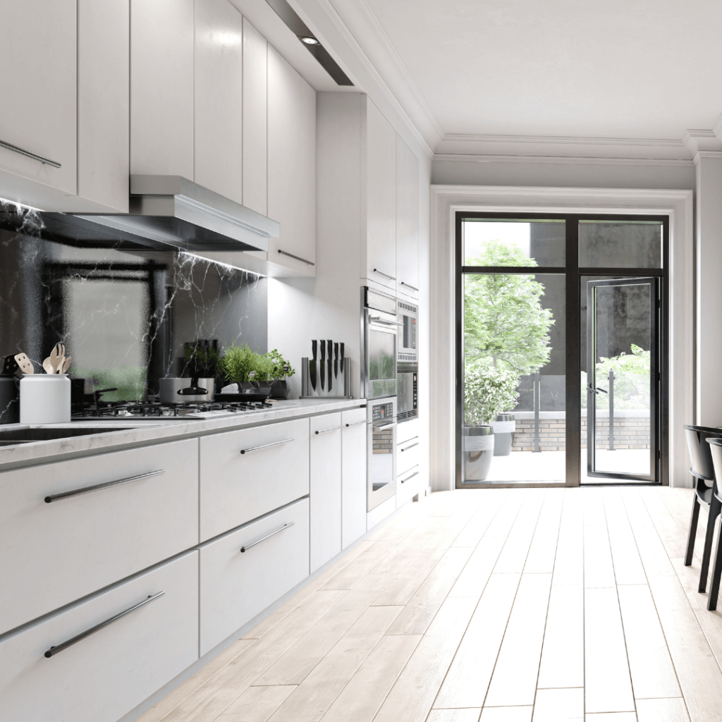 Black patio doors in a modern kitchen 